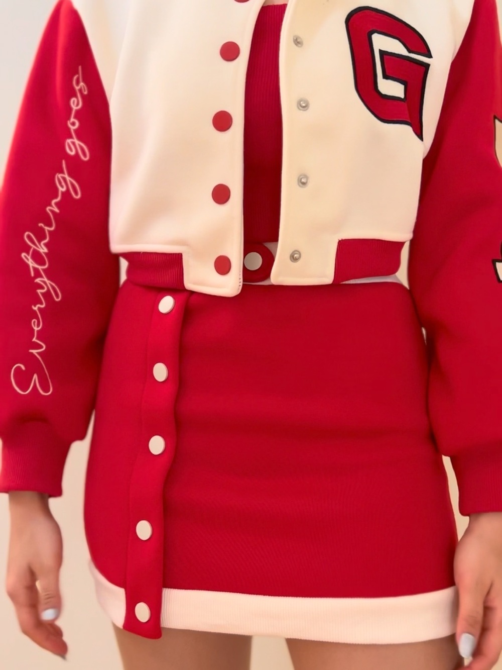 2piece set - Cropped Red & Cream Varsity-Style Cropped Jacket and matching skirt